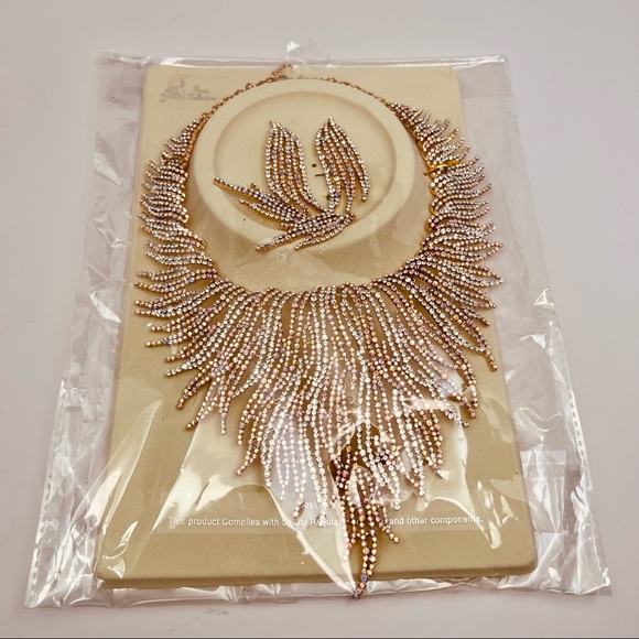 NWT CRYSTAL STATEMENT CHOKER NECKLACE & EARRINGS BRIDAL WOMEN JEWELRY SET - Picture 7 of 11